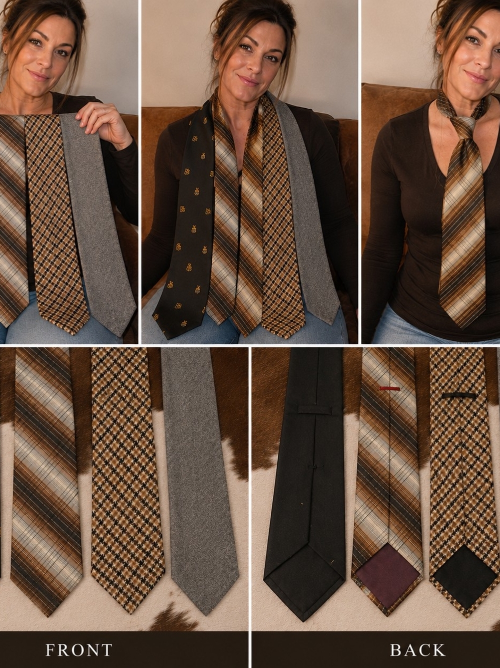 Men's Brown & Gray Mixed-Pattern Tie Set - Classic Plaid and Solid Styles - Picture 1 of 3